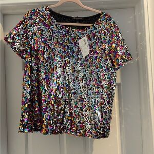 INC International Concepts Colorful Sequin Short Sleeve Top